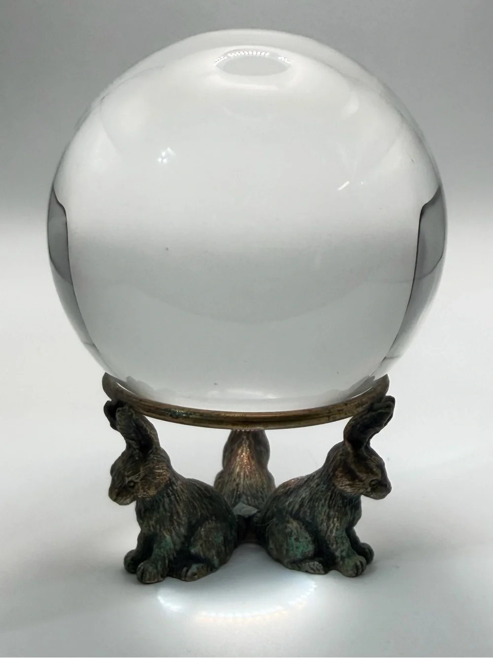 Vintage Pewter 3 Rabbit Bunny Sphere Crystal Ball Egg Display Stand Patina